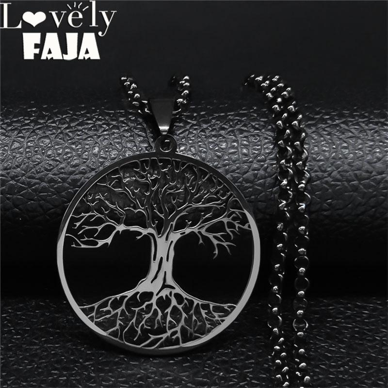Tree of Life Stainless Steel Long Necklace for Men Black Color Necklaces & Pendants Jewelry cadenas para hombre N834S03