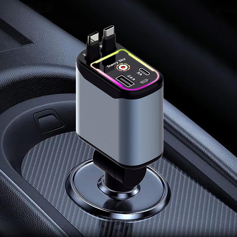Retractable Car Charger 120W Starry Sky Top Projection Light Four-In-One Type-C+Lightning Dual Wires Usb+Pd Expansion Socket