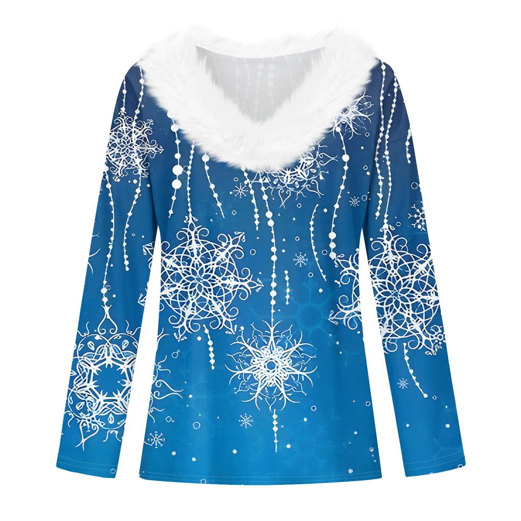 Damenmode Lässig Langarm Weihnachten Bedruckt Plüschkragen V-Ausschnitt Oberteil