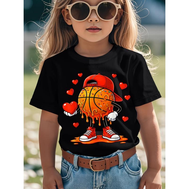 European Sizes Soft Breathable Valentine Basketball Heart Drip Sport Valentines Day T-Shirt for Kids | Boys & Girls Graphic Tee - Round Neck