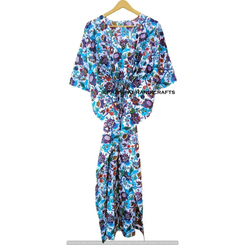 Albastru Indian Lung Imprimeu Floral Bumbac Hippie Maxi Femei Veșmânt de Noapte Caftan Rochie CKFTN-SCRN-FULL-BUYIT-073