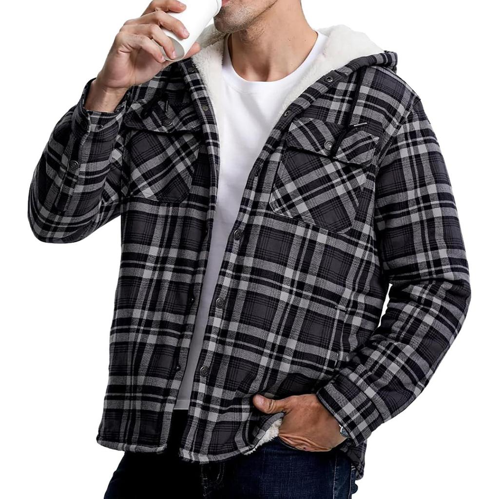 Men's Quilted Lined Button Down Plaid Shirt Add Velvet To Keep Warm Jacket With Hood