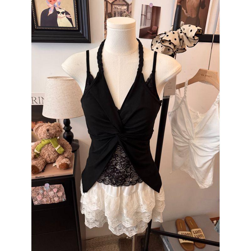 Kumikumi Gyaru Wind French style Kinked Lace Edge Cami Women Summer Slimming With Chest Pad Outer Wear Top