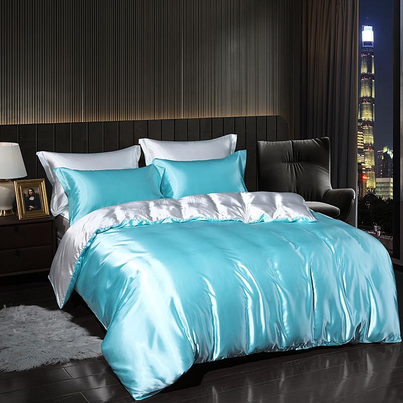Luxury Satin Bedding Set with Flat Sheet Duvet Cover High End Bedding Set High Density Satin Solid Color Bedding