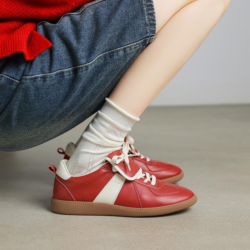 Fashion New Lace Up Sneakers Genuine Leather Splicing Flat Shoes Black Red Silver Ladies Casual Beading Flats Womens Round Toe Footwear