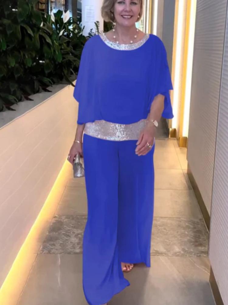 

Новый костюм-двойка, двухцветный топ с пайетками и круглым вырезом, брюки широкого кроя, комплект из 2 предметов для женщин 3XL синий