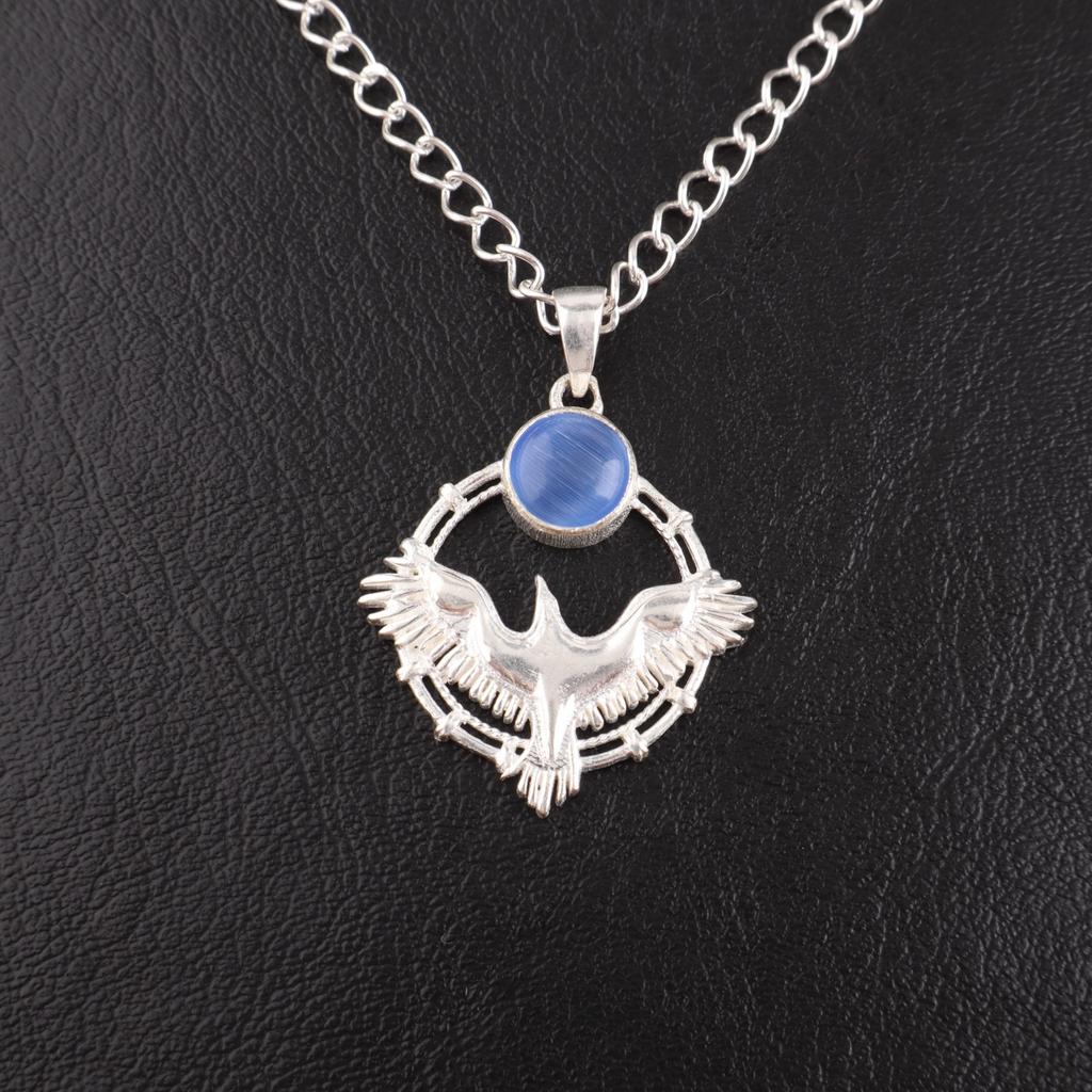 Dark Blue Cat's Eye Gemstone 925 Sterling Silver Jewelry Handmade Pendant 1.43" CP-38-44