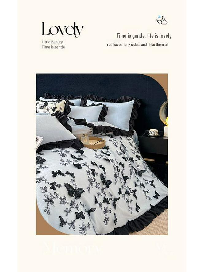 G5ZG5Z Korean Winter Velvet 4-Piece Set: Princess Style with Double-Sided Fleece and Lace Edging Quilt Cover.