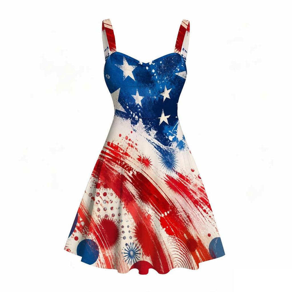 Women Plus Size Spaghetti Strap Off Shoulder Dress Tie Dye Mandala Patriotic Print Swing Dress