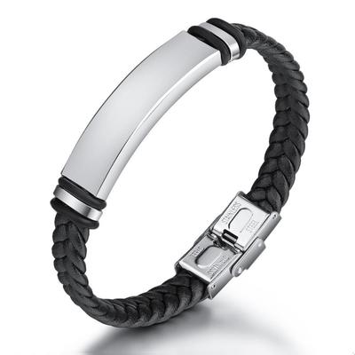 Bracelet jonc en acier titane gravé avec cuir européen-américain et design tissé en acier inoxydable