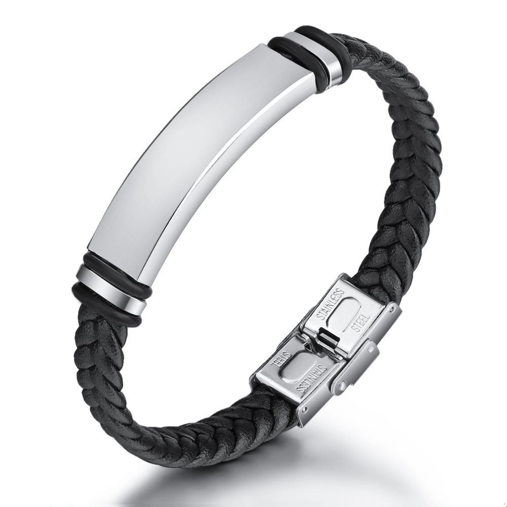 Titanium Steel Engraved Bangle with European-American Leather and Stainless Steel Woven Design