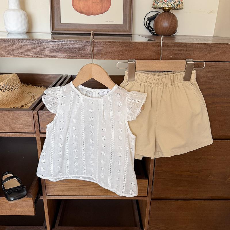Girls Summer White Eyelet Cotton Flutter Sleeve Princess A Line Shirt And Shorts Two Piece Set 90cm
