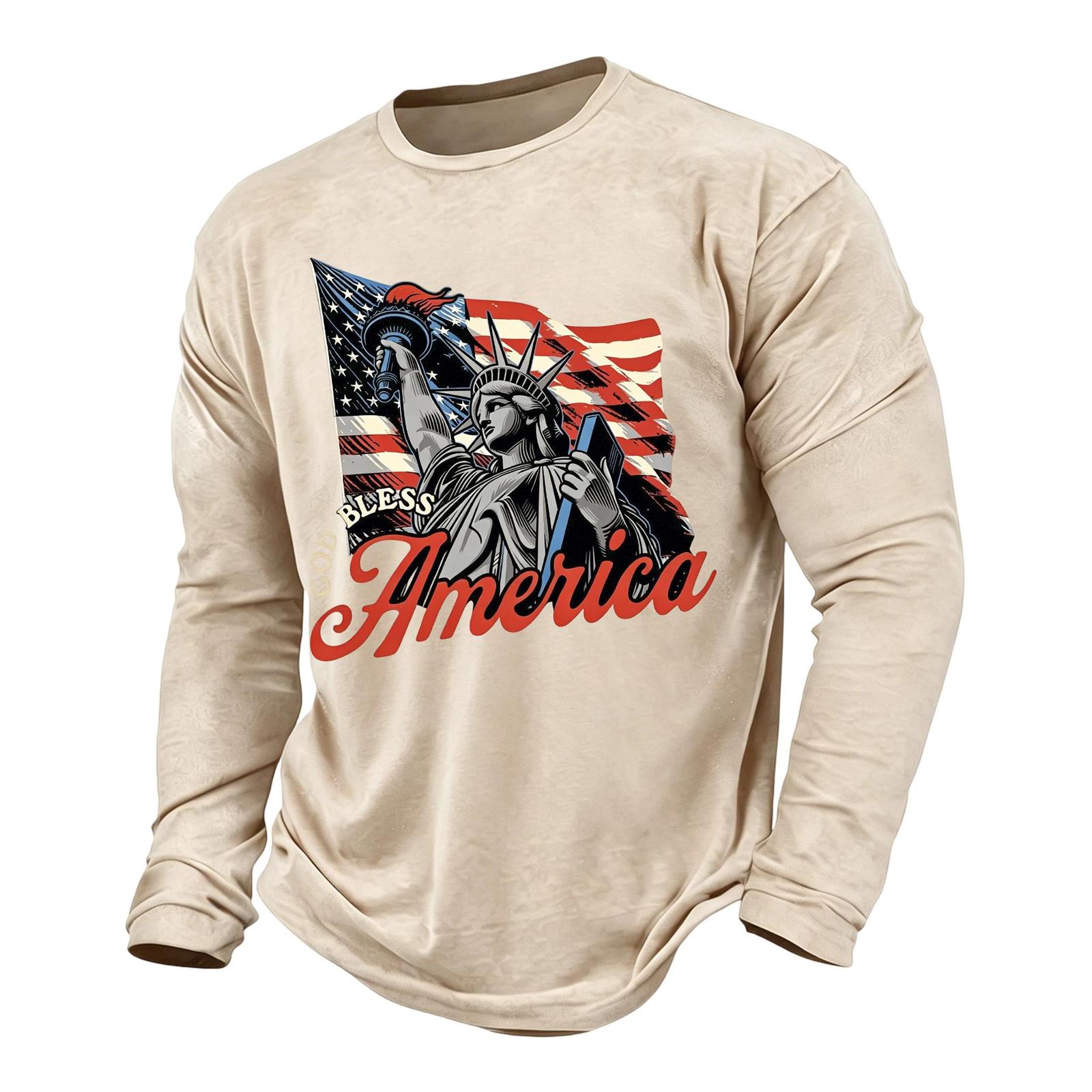 

Men s Casual Long Sleeve Shirt Graphic Print Independence Day Style Lettering Design Crew Neck Comfortable Fit XXL бежевый