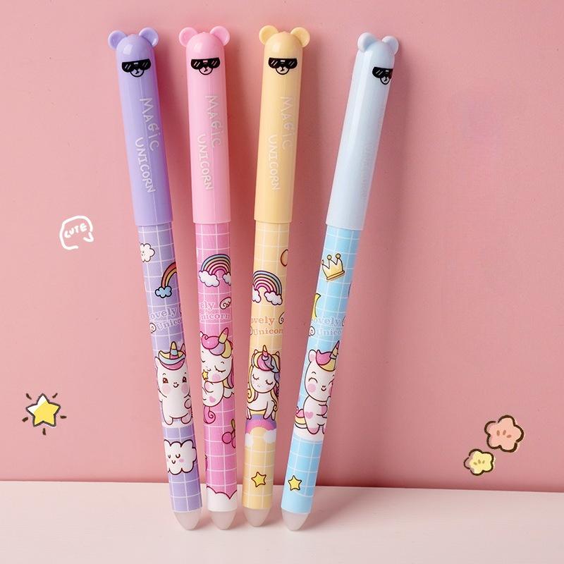 4 Stuks/Set Schattige Cartoon Uitwisbare Gelpen 0,5 mm Volle Naald Kristal Blauwe Inkt Kawaii Eenhoorn Beer Panda Schrijfpennen voor Schoolstudenten