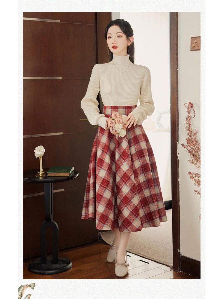 Dámský pletený svetr s vysokým límcem a vlněná áčková sukně Sweet Salt Style Podzim/Zima 2024