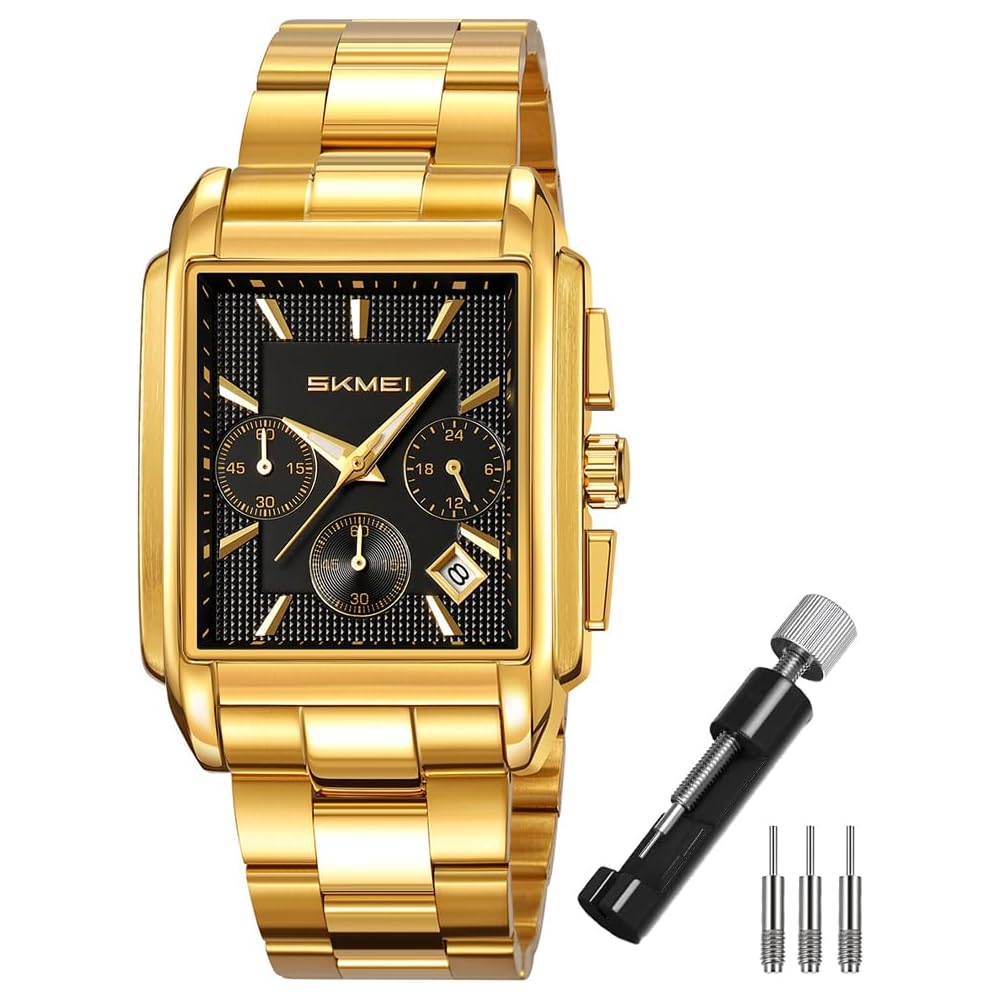 SKMEI Square Analog Men s Watch Stainless Steel Waterproof Casual Chronograph Gold Black