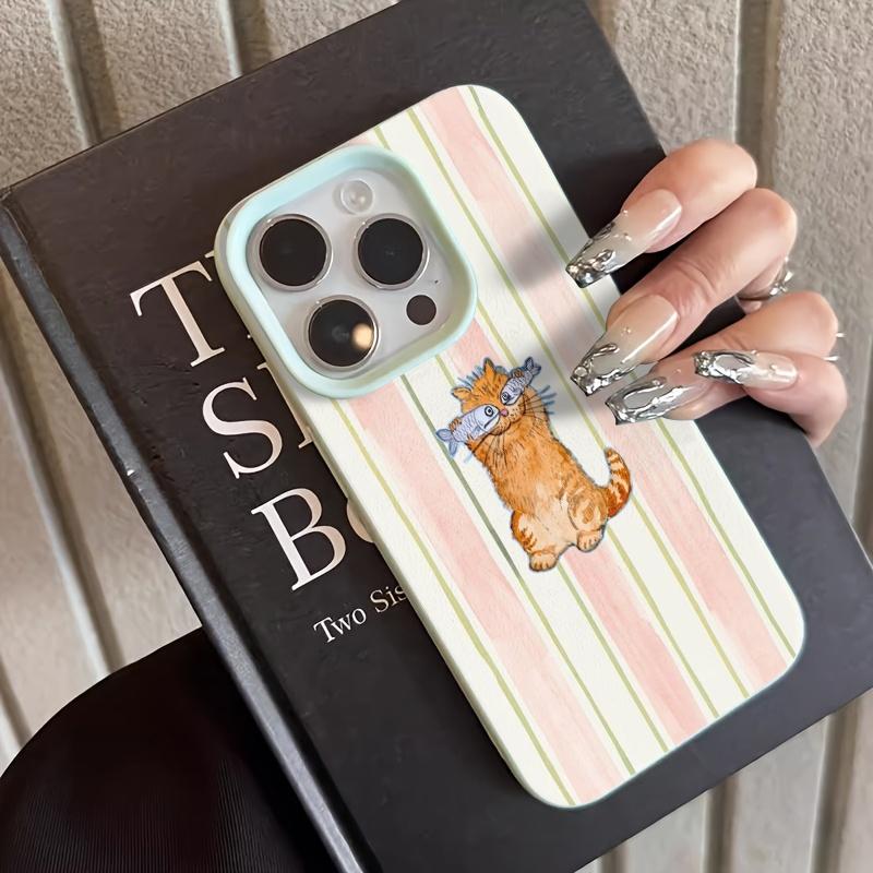 Pink Stripe Orange Cat Fish Glasses Pattern Design Protective Cover for iPhone 17 16 15 14 13 12 11 16E Series Pro Max Plus