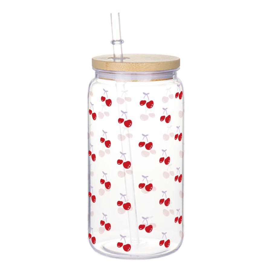 16oz Cute Bow Plastic Cup with Lid Bow Cherry Graffiti Pattern Water Bottle for Kitchen Coffee Straw Cups Beverage Juice Cups