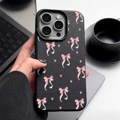 Pink Bowknot Love Hearts Print Shockproof Matte Case For iPhone 16 Pro Max 15 14 Pro 13 12 11 TPU Leather Texture Slim Soft Phone Cover
