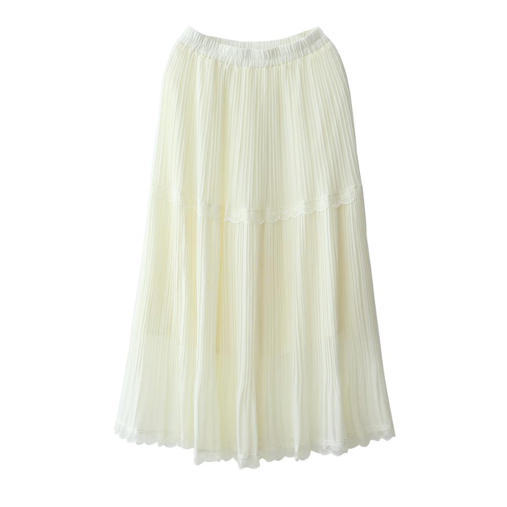 Dimanaf 2025 Summer Women New Skirts Chiffon Solid Lace Pleated Elastic Waist Mesh Elegant Skirts