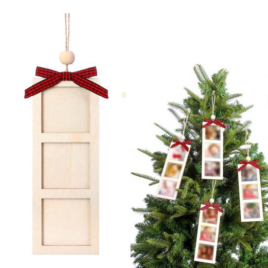 Festive Tree Ornament for Photos Christmas Wooden Photo Frame Ornament, DIY Hanging Picture Holder with Reusable Holiday Ribbon Bow, Decor, Party