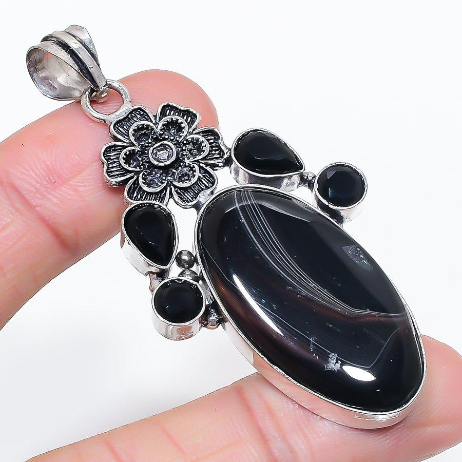 Natural Banded Agate, Spinel 925 Sterling Silver Jewelry Pendant 2.68" G8Z13