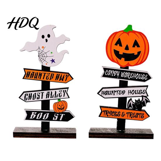 Halloween Atmosphere Props Wooden Sign Decoration DIY Ghost Pumpkin Bat Tabletop Ornament with Party Centerpieces Spooky Slogans Rustic for