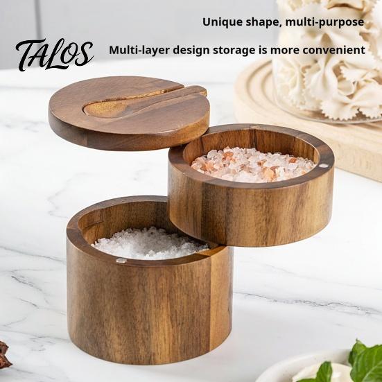 Clever Design Salt And Pepper Holder 2-Layer Bowl with Spoon Magnetic Swivel Lid Dustproof Spice Organizer Seasoning Box Rotatable Kitchen Helper for