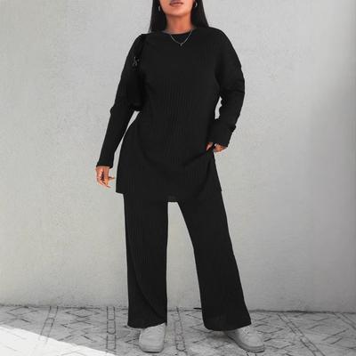 Damski Modny Casualowy Wyszczuplający Dzianinowy Dwuczęściowy Komplet w Jednolitym Kolorze z Okrągłym Dekoltem i Długim Rękawem w Dużym Rozmiarze