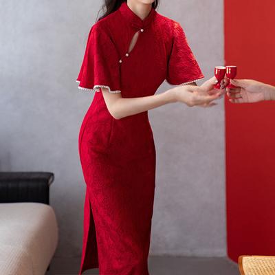 Kırmızı Dantel Cheongsam Kadın Zarif Ince Retro Elbise Standı Yaka 3/4 Kollu Jakarlı Dantel Qipao Çin Tarzı Akşam Gelinlik