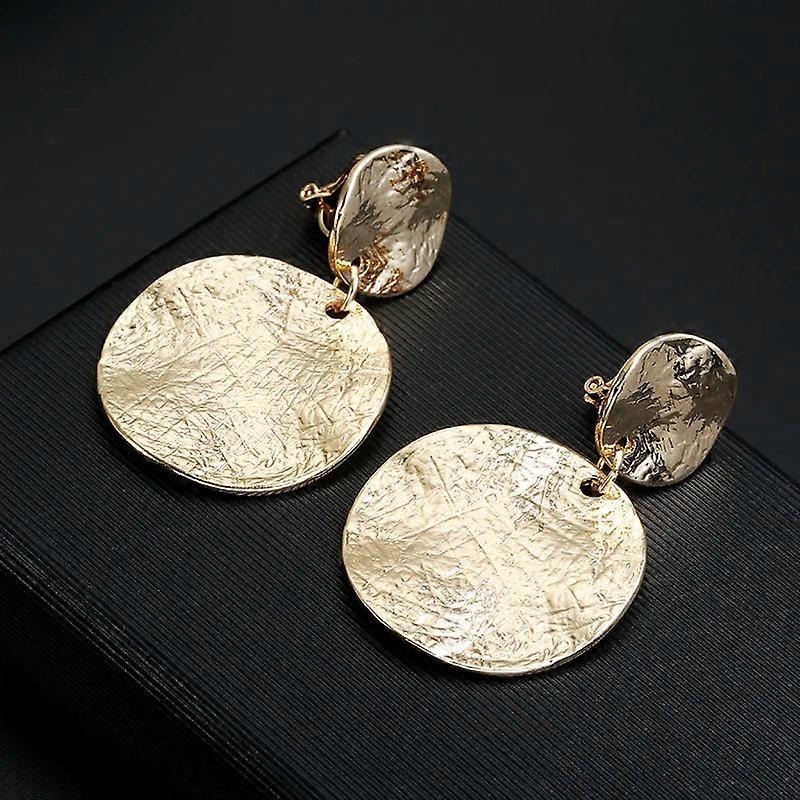 Vintage Textured Metal Round Disc Clip-on Earrings - Geometric Statement, No