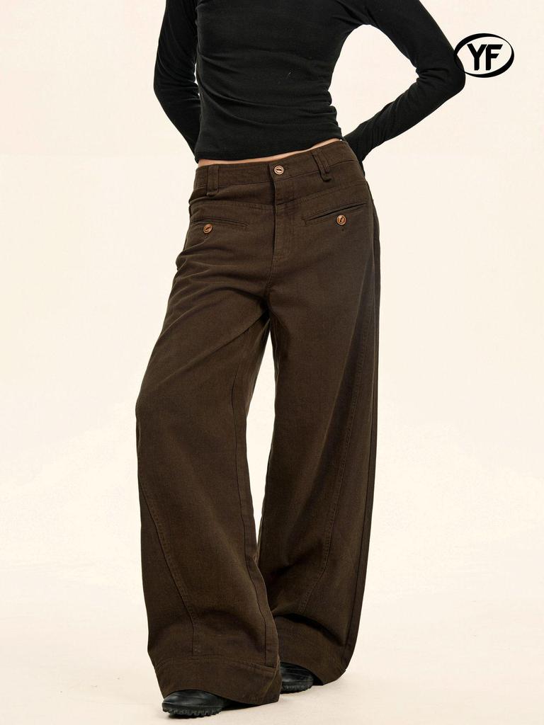 Yongfang Unisex Retro Wide-Leg Work Pants with Button Pocket Design