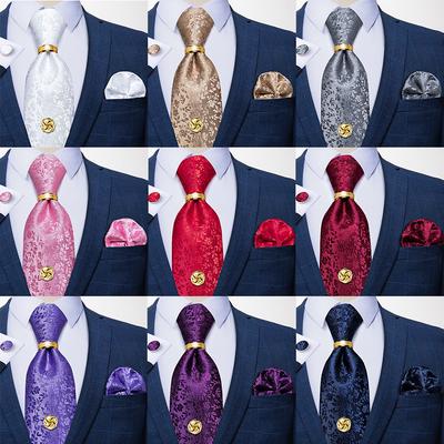 Modisches Herren-Krawatten-Set mit Blumenmuster, einfarbig, Krawatte mit Metallring, Krawattennadel, Seidenkrawatte für Hochzeit