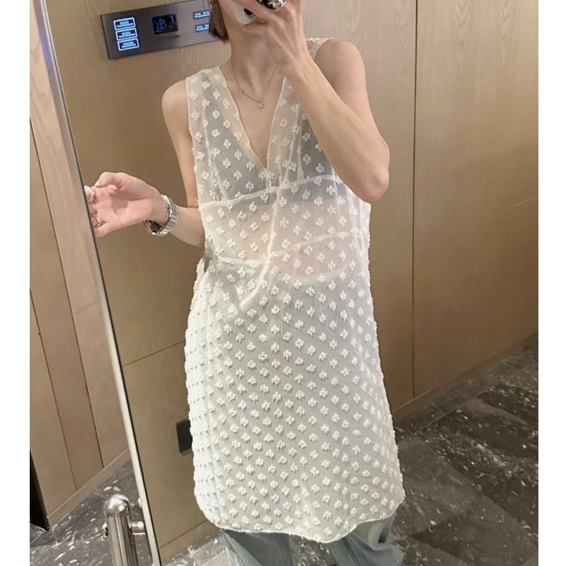 2025 Spring Retro Polka Dot Sheer V-Neck Layered Dress