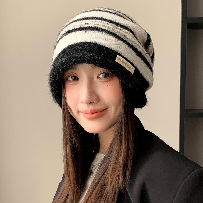 Autumn and Winter Hat Women's Striped Knitted Hat Warm Windproof Cold Hat