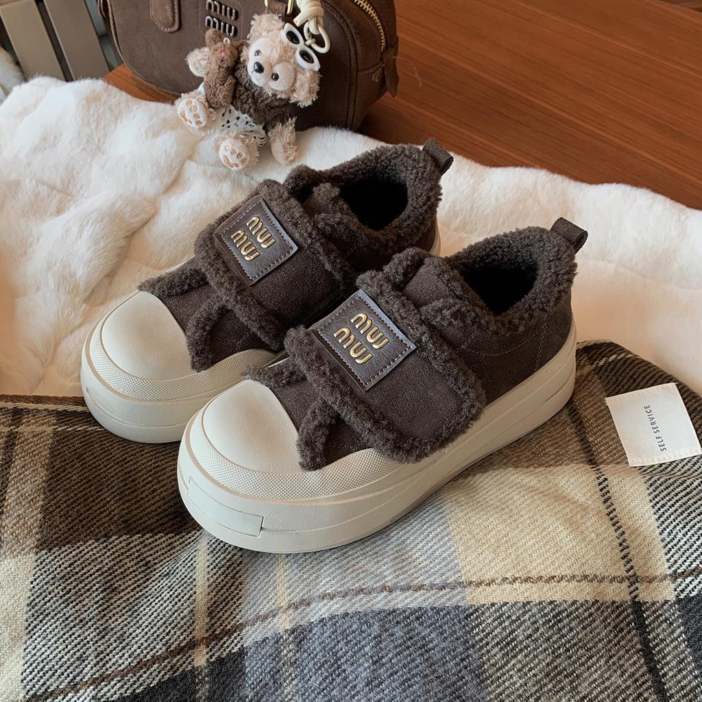 Ah miu~ Schuhe Damen vielseitige Herbst- und Winter-Rindsleder dicksohlige erhöhende lässige Damen-Schuhe Samt Klettverschluss flauschige Schuhe Baumwollschuhe