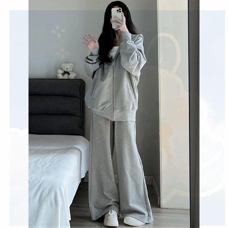 Women's Loose Hooded Grey Sweatshirt & Wide-Leg Pants Set for Autumn/Winter