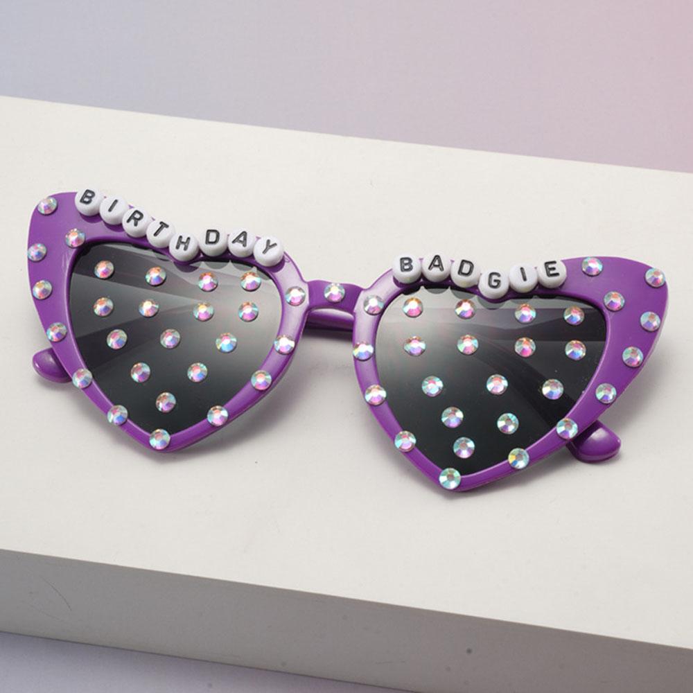 

Birthday Badgie Heart Sunglasses Rhinestone Letter Sun Glasses Women Luxury Crystal Heart Shaped Birthday Party Photo Eyewear