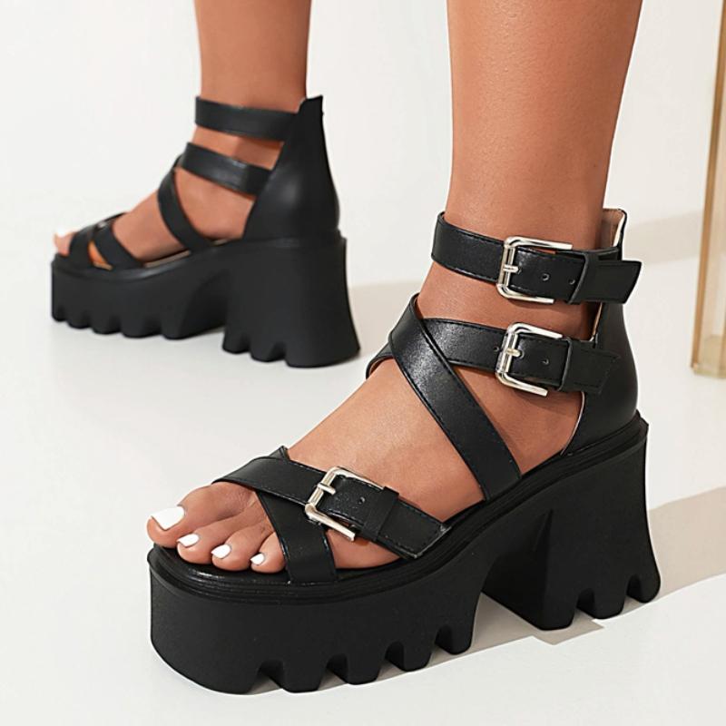 Sexy Platform Women's Sandals Summer Shoes 2025 Punk High Heels Buckle Strap Slippers Black White Party Dance Shoes Female