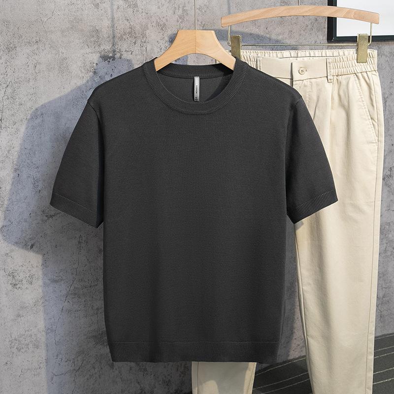 Spring and Summer Knitted Men's Short-sleeved T-shirt Round Neck Solid Color Base Simple