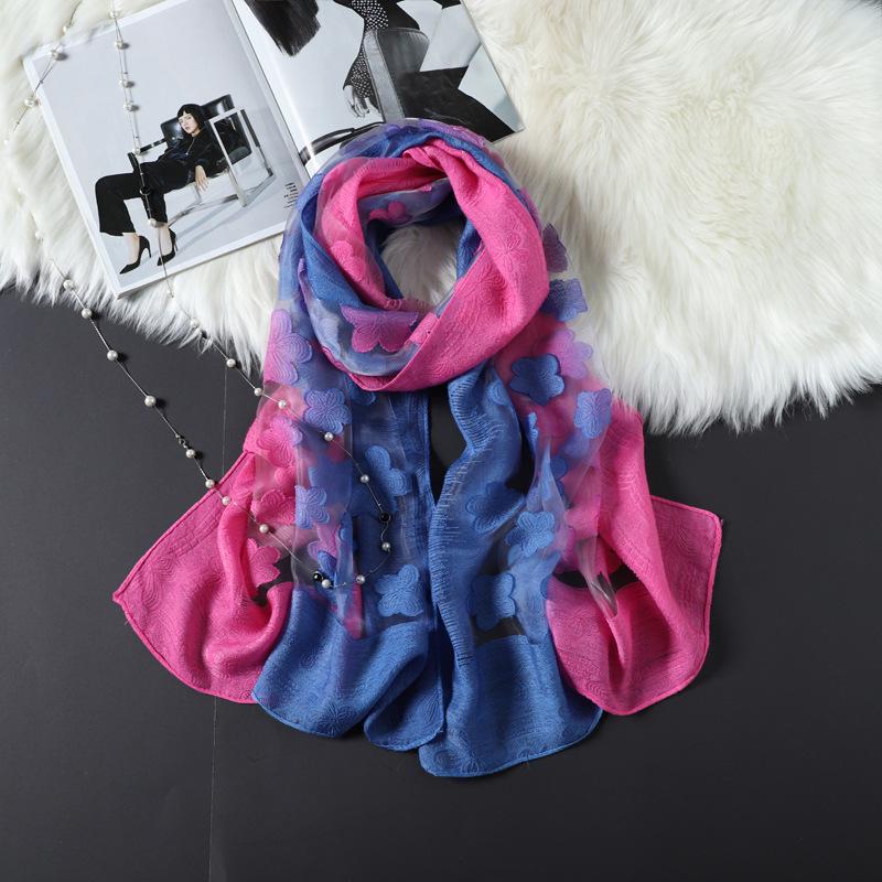 Women Cut Flowers Hollow Lace Gradient Silk Scarf Spring Shawls and Wraps Towel Femme Beach Sjaals