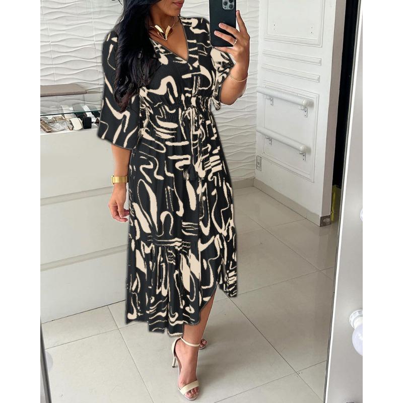 Summer Printed V-neck Women's Dress, High-waisted Tie Dress Flared Mid-sleeve Ruffled Dress