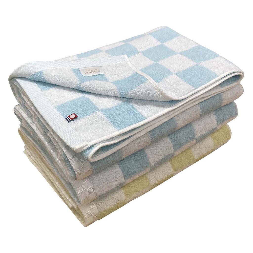 Imabari Set of 3 Bath 2 Blue and 1 Pastel Checkered Made In Soft and Fluffy Towels, Towels, Green, Colors, Pattern, 65x120cm, Japan, 100% Cotton,