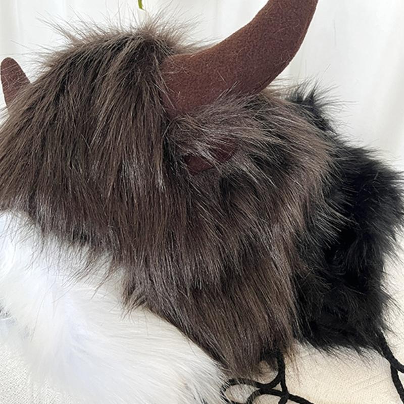 Furry Bull Hat Headwear with Cartoon Horns Halloween Gift Warm Soft Hat