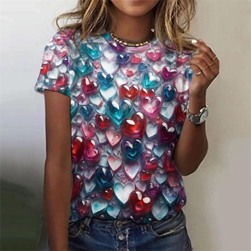 3D Printed Heart Love T Shirt For Women Colorful Glass Pattern Tees Summer Casual T-Shirts Round Neck Tops Loose Short Sleeves