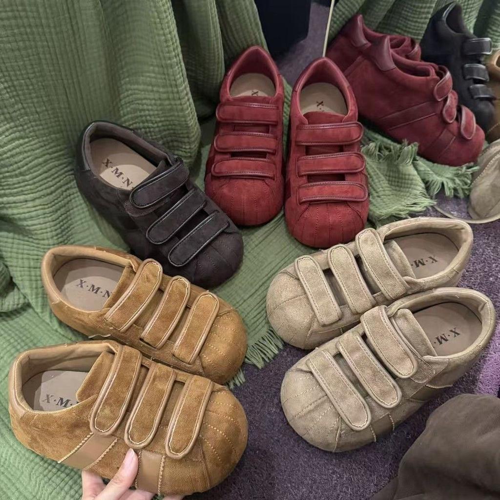 Ugly cute shell head German training shoes women's 2025 new retro matte leather Velcro big head board shoes foreign style women's single shoes