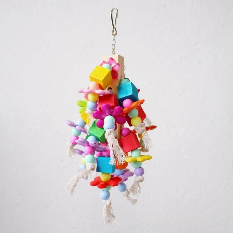 1Pcs Natural Wood/Acrylic Colorful Cotton Rope Toy Large Parrot Chewing Toys For Cage Swing Hanging Climbing Bird Toy