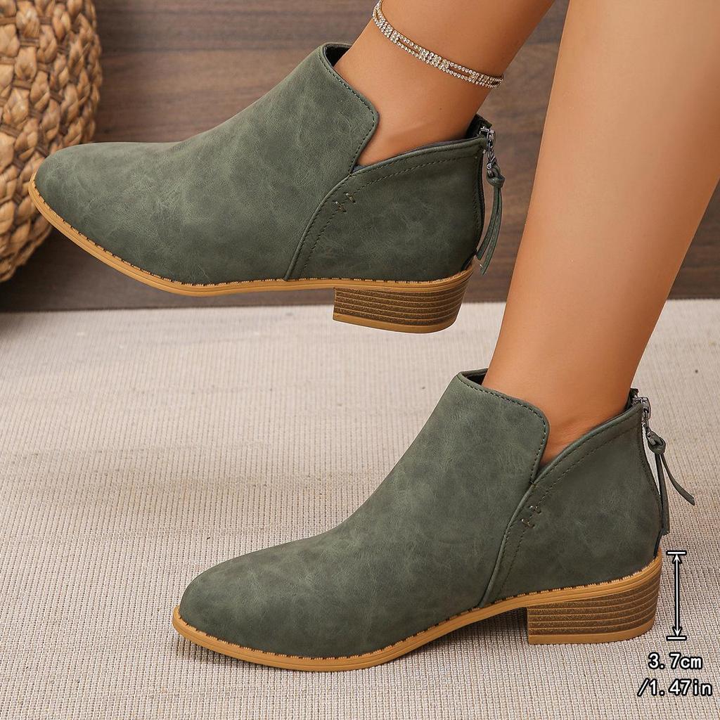 British Style Plus Size Pointed Toe Short Boots with Chunky Heel and Back Zipper - New Women's Fashion.