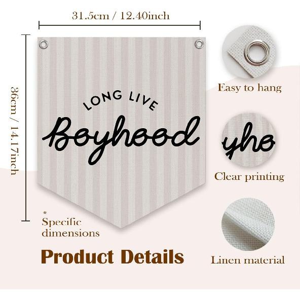 Lacama Long Live Boyhood Linen Banner,Vintage Boy Room Toddler Decor,Boy Bedroom Wall Hanging Banner Pennant Flag Decor for Nursery Playroom,12.4x14