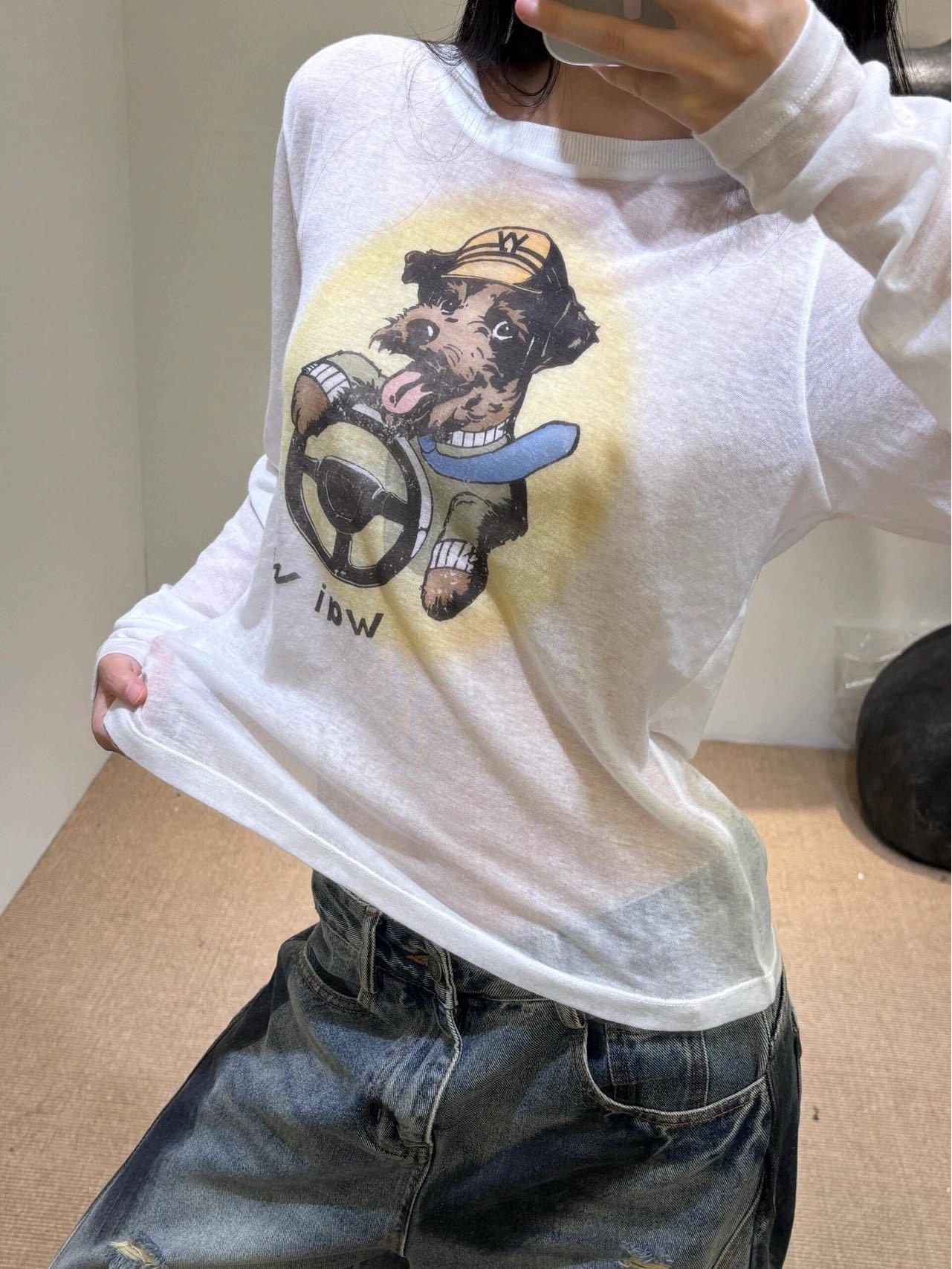 

In-Stock Puppy Print Korean-Style Sheer Long-Sleeve Slim Fit T-Shirt for Women, Autumn 2025 Small білий